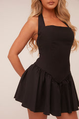 Black Halter Neck Gathered Hem Mini Dress - Persis