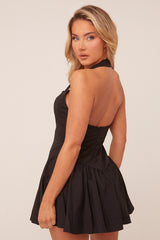 Black Halter Neck Gathered Hem Mini Dress - Persis