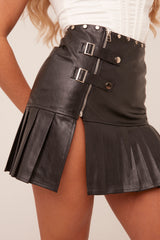 Black Faux Leather Pleated Mini Skirt - Reaya