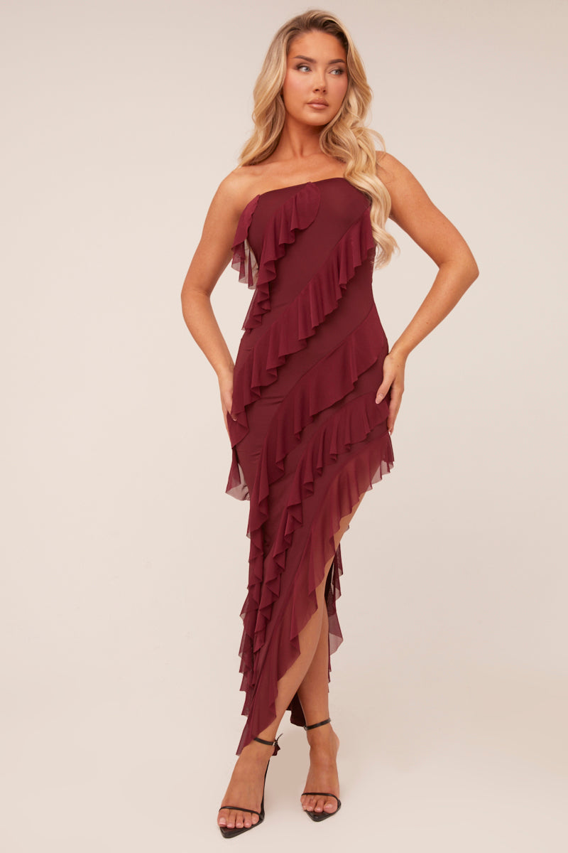 Burgundy Bandeau Frill Detail Maxi Dress | Dress | Rebellious Fashion Burgundy Bandeau Frill Detail Maxi Dress | Dress | Rebellious Fashion