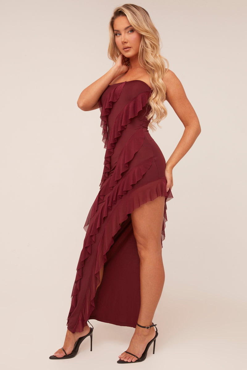 Burgundy Bandeau Frill Detail Maxi Dress | Dress | Rebellious Fashion Burgundy Bandeau Frill Detail Maxi Dress | Dress | Rebellious Fashion