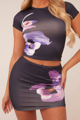 Navy Floral Print Top & Mini skirt Co-ord Set - Arbela