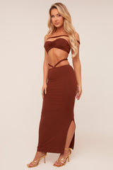 Brown Bardot Cropped Top & Maxi Skirt Co-ord Set - Constance