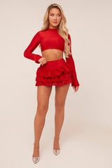 Red Metallic Lurex High Neck Cropped Top & Mini Skirt Co-ord Set - Felipa