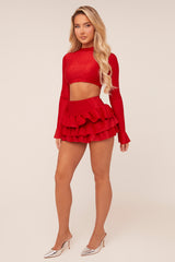 Red Metallic Lurex High Neck Cropped Top & Mini Skirt Co-ord Set - Felipa