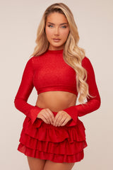 Red Metallic Lurex High Neck Cropped Top & Mini Skirt Co-ord Set - Felipa