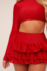 Red Metallic Lurex High Neck Cropped Top & Mini Skirt Co-ord Set - Felipa