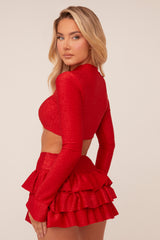 Red Metallic Lurex High Neck Cropped Top & Mini Skirt Co-ord Set - Felipa