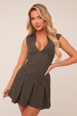 Charcoal Corset Detail Pleated Hem Mini Dress - Neriah