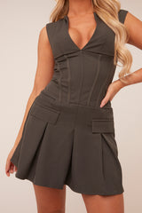 Charcoal Corset Detail Pleated Hem Mini Dress - Neriah