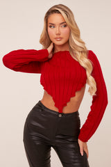 Red Knit Asymmetric Hem Cropped Jumper - Prima