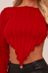 Red Knit Asymmetric Hem Cropped Jumper - Prima