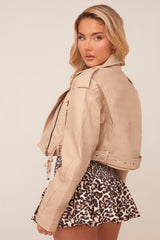 Beige Faux Leather Biker Jacket - Loden