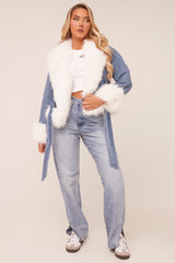 Mid Blue Denim Faux Fur Biker Jacket - Carin
