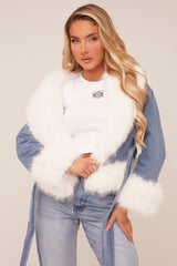 Mid Blue Denim Faux Fur Biker Jacket - Carin
