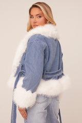 Mid Blue Denim Faux Fur Biker Jacket - Carin