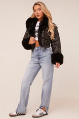 Black Faux Leather Fur Lined Bomber Jacket - Larna