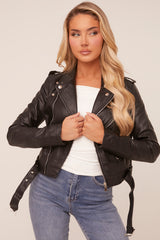 Black Faux Leather Zip Detail Biker Jacket - Leyla