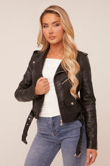 Black Faux Leather Zip Detail Biker Jacket - Leyla