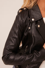 Black Faux Leather Zip Detail Biker Jacket - Leyla