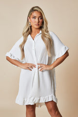 White Plisse Detail Frill Hem Oversized Dress - Sakura