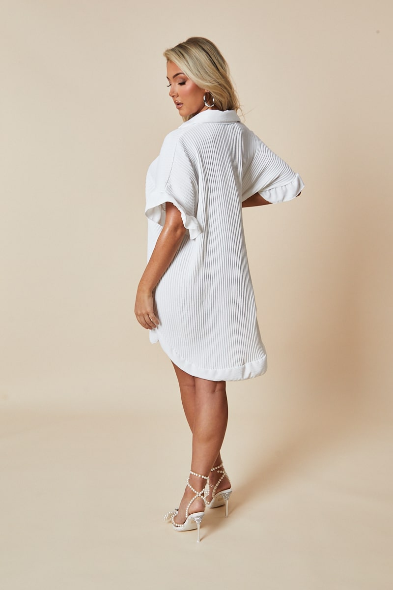 White Plisse Detail Frill Hem Oversized Dress - Sakura