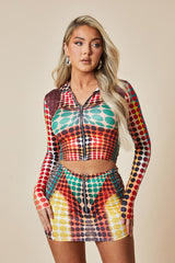 Orange Multi Spot Print Crop Top & Mini Skirt Set - Kyomi