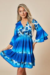 Blue Leopard Print Frill Detail Flared Dress - Junko