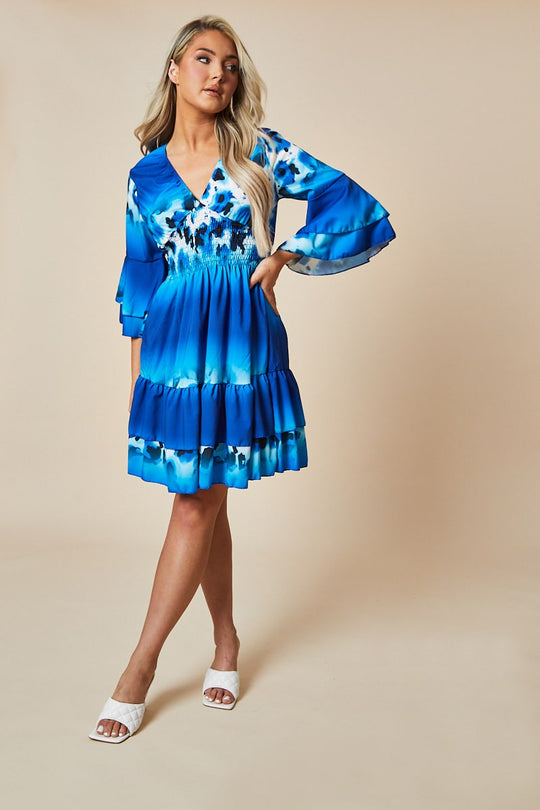 Blue Leopard Print Frill Detail Flared Dress - Junko