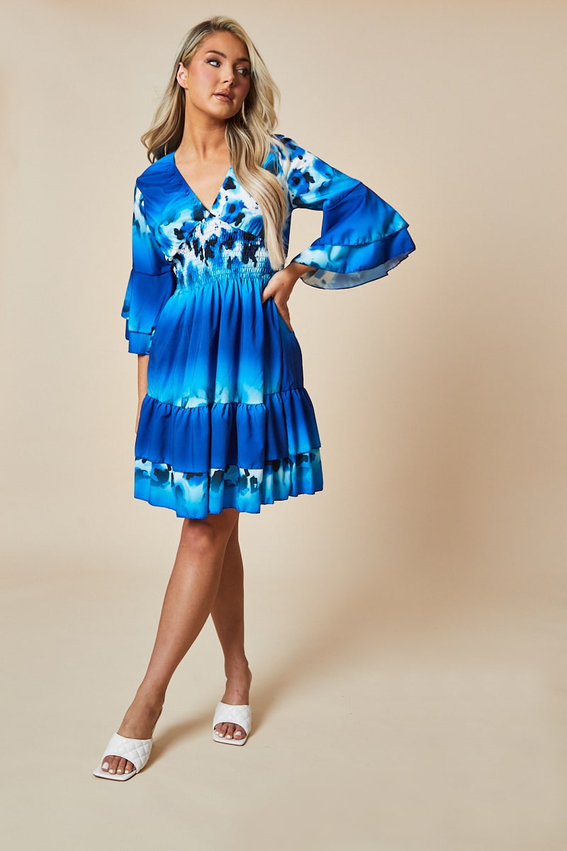 Blue Leopard Print Frill Detail Flared Dress - Junko