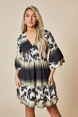 Olive Leopard  Print Frill Detail Flared Dress - Junko