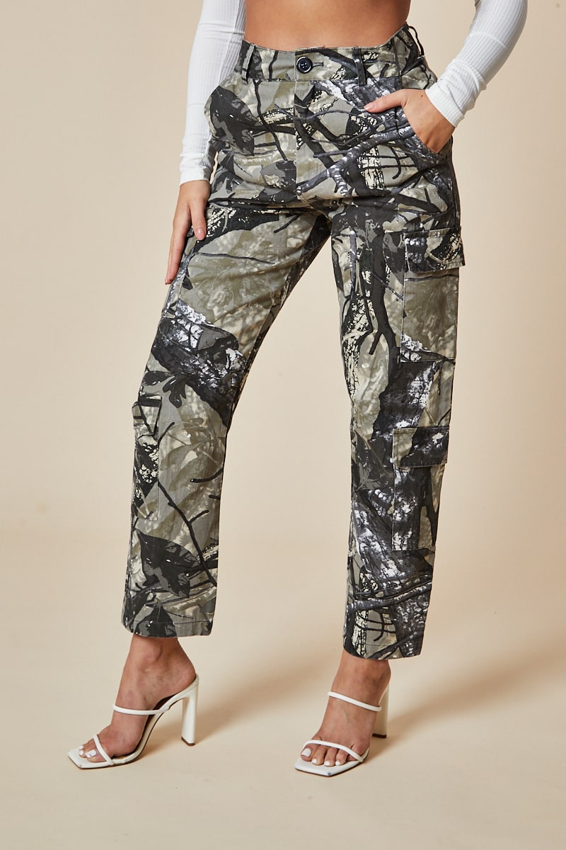 Khaki Camo Print Straight Leg Cargo Trousers - Hikari