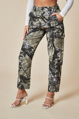 Khaki Camo Print Straight Leg Cargo Trousers - Hikari