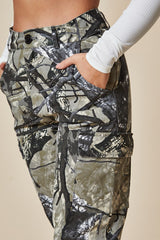 Khaki Camo Print Straight Leg Cargo Trousers - Hikari