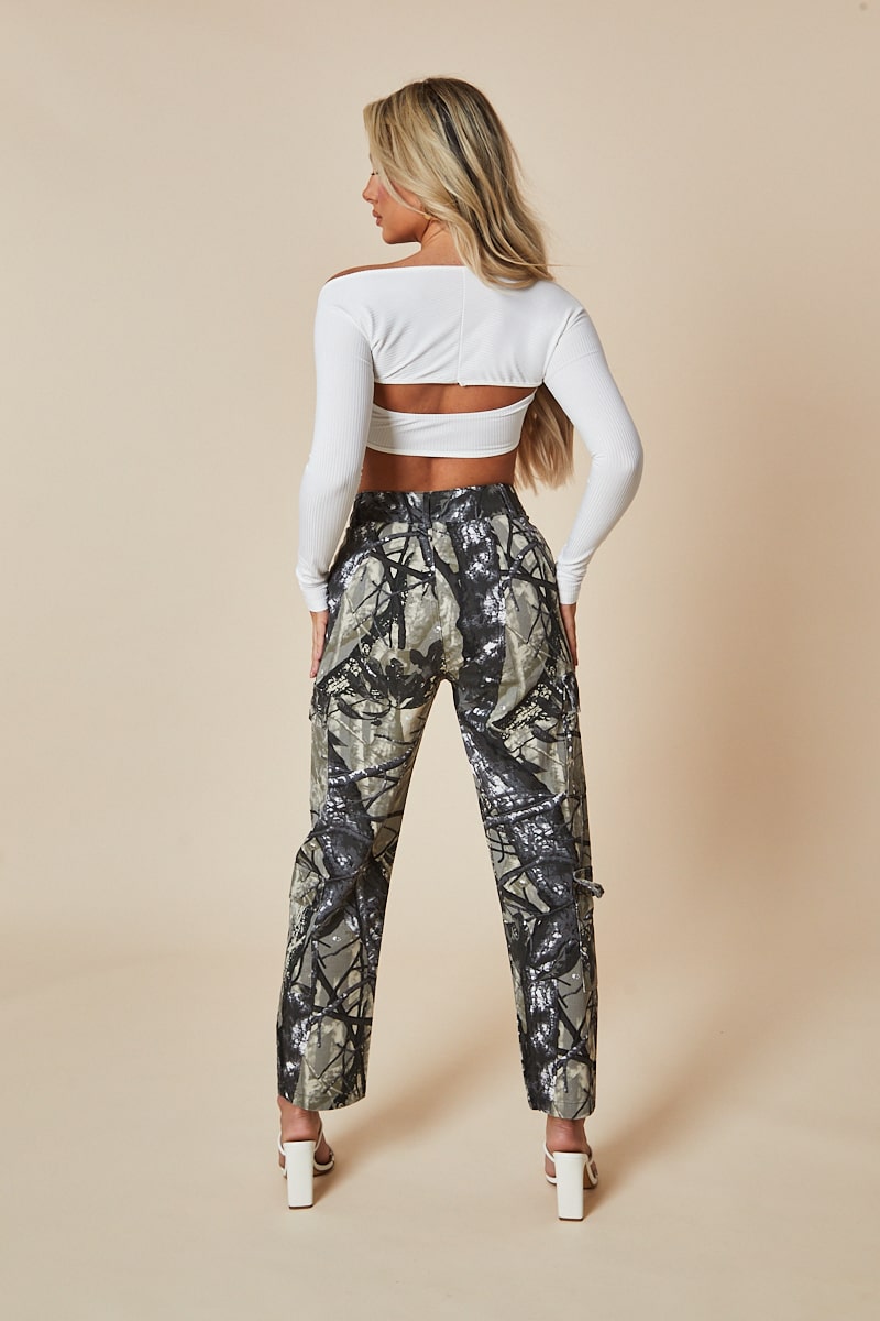 Khaki Camo Print Straight Leg Cargo Trousers - Hikari