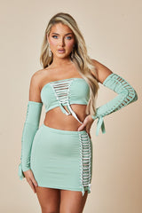 Sage Knot Detail Bandeau Cropped Top & Mini Skirt Set - Piu