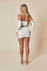 White Knot Detail Bandeau Cropped Top & Mini Skirt Set - Piu