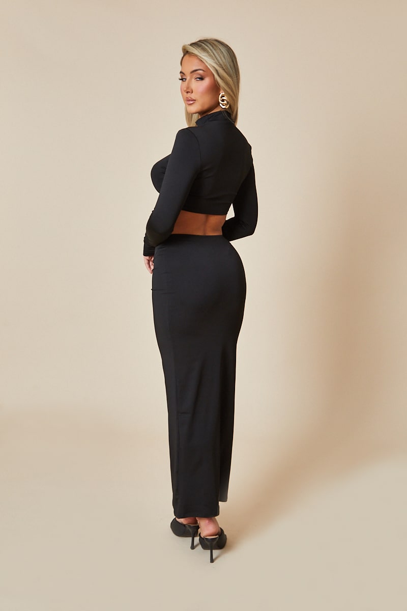 Black High Neck Cropped Top & Ruched Front Maxi Skirt Set - Erena