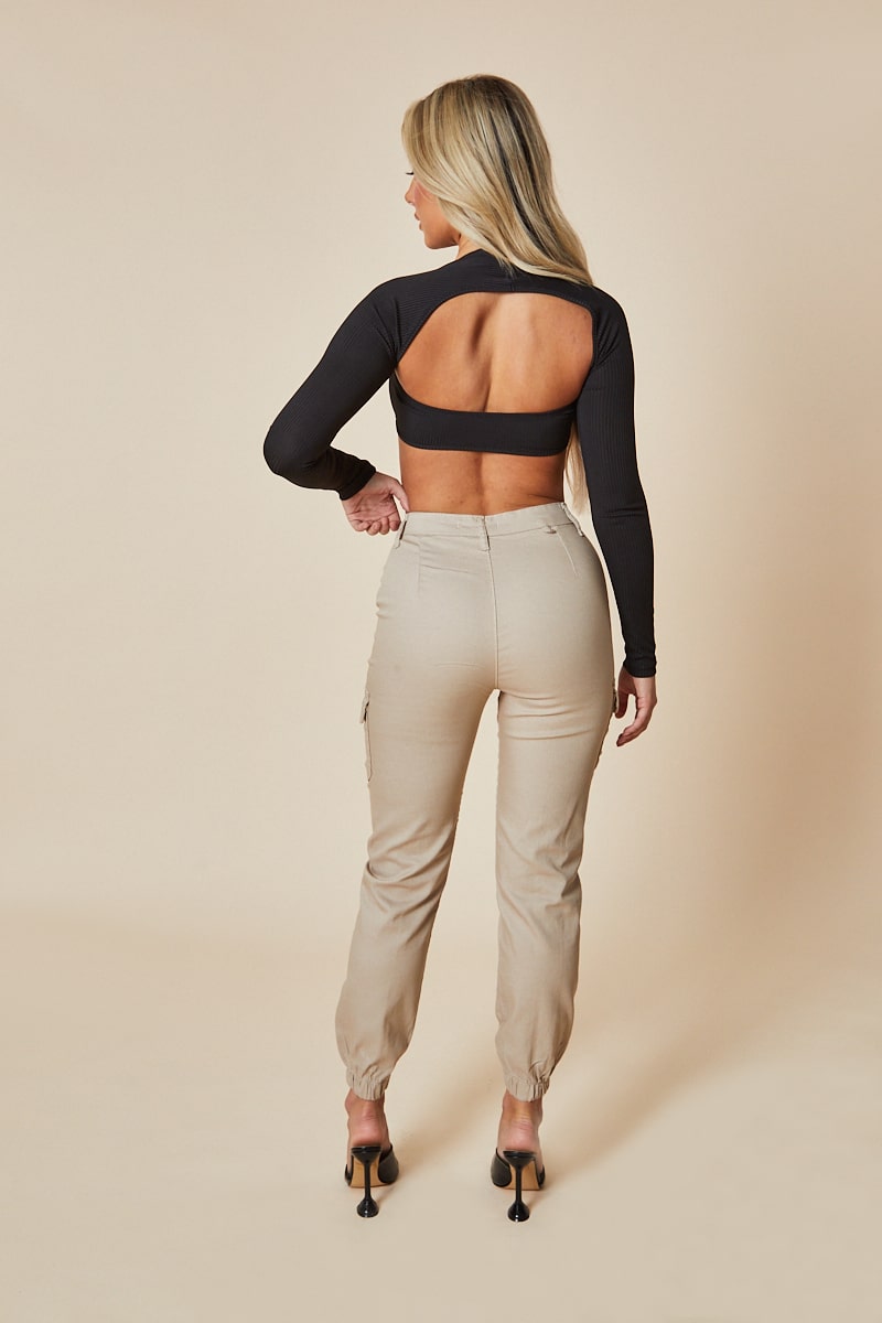 Black Rib Knit Cut Out Cropped Top - Izumi