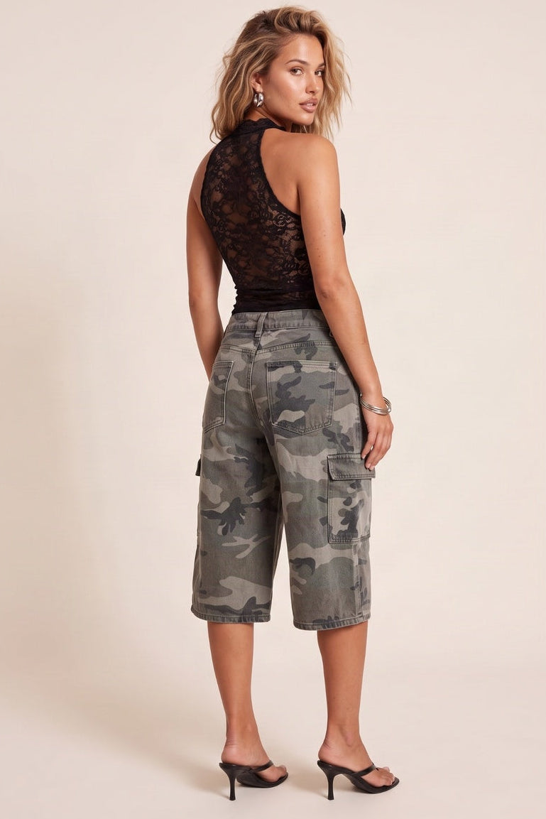 Khaki Camo Print Mid Waist Denim Longline Jorts - Nadina