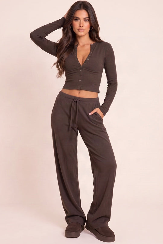 Chocolate Drawstring Waist Ribbed Straight Leg Joggers - Andree