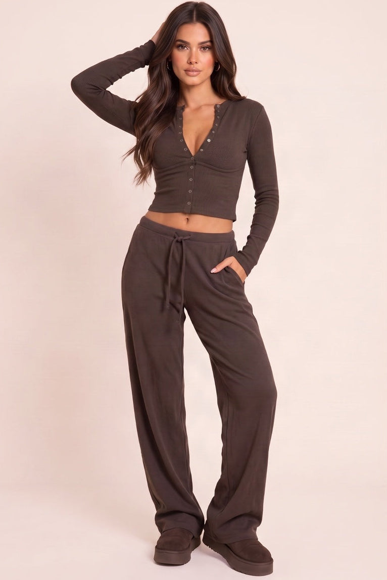 Chocolate Button Up Front Ribbed Fitted Top - Unity