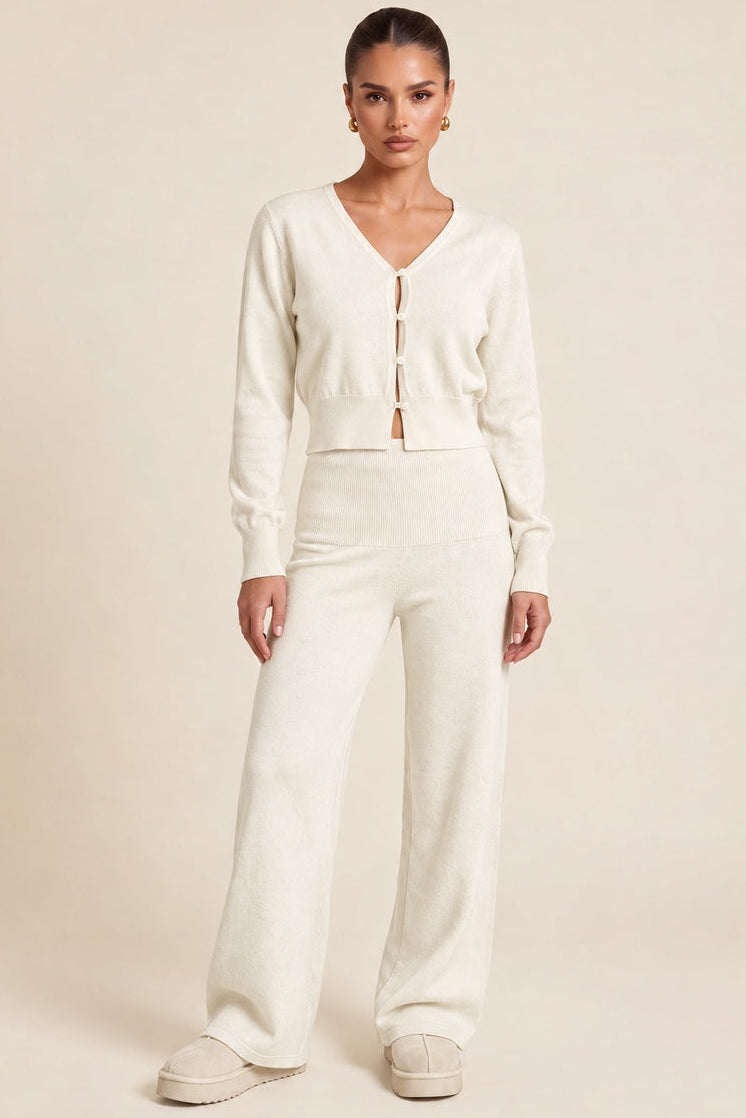 Cream Knitted Cardigan Top and Wide Leg Co-ord Set - Shyla