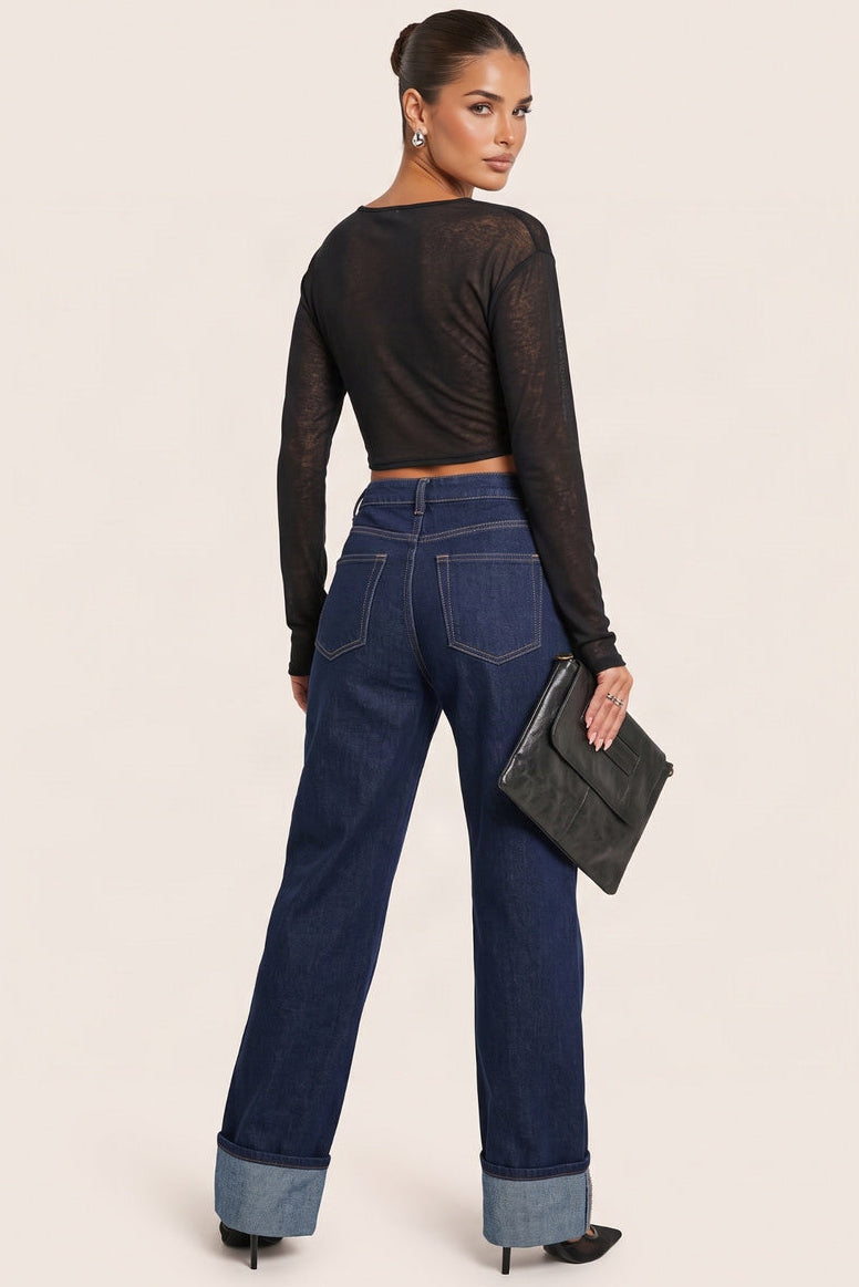 Black Long Sleeve Semi Sheer Top - Keelin