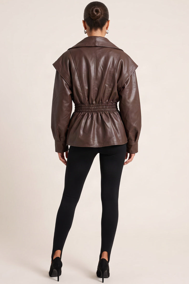 Chocolate Plum PU Balloon Sleeve Cinched Waist Jacket - Laraya
