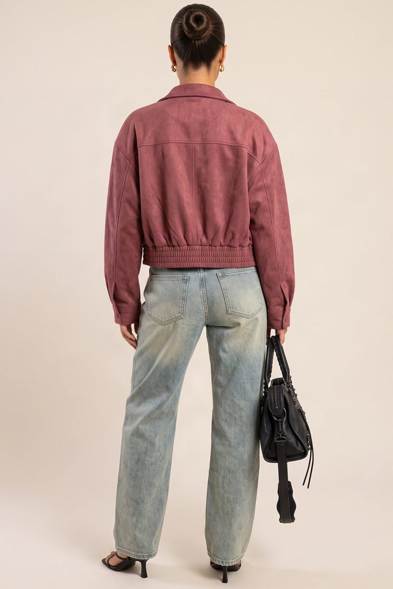 Dusky Pink Faux Suede Bomber Jacket - Reenie