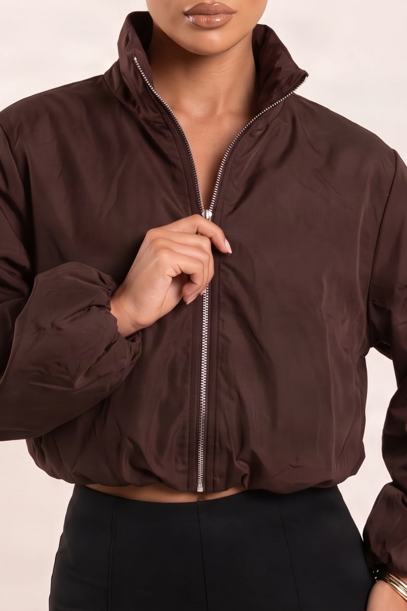Chocolate Funnel Neck Zip Up Jacket - Chanda