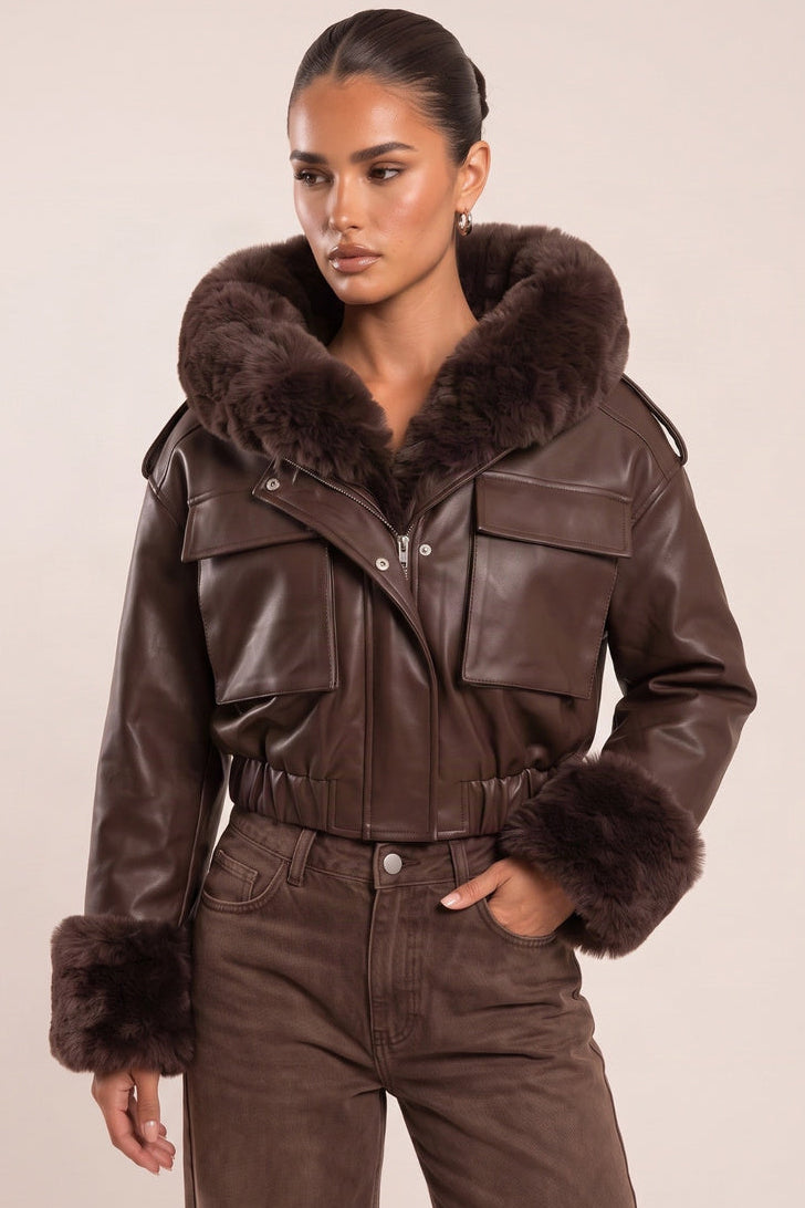 Chocolate Faux Leather Fur Lined Bomber Jacket - Larna