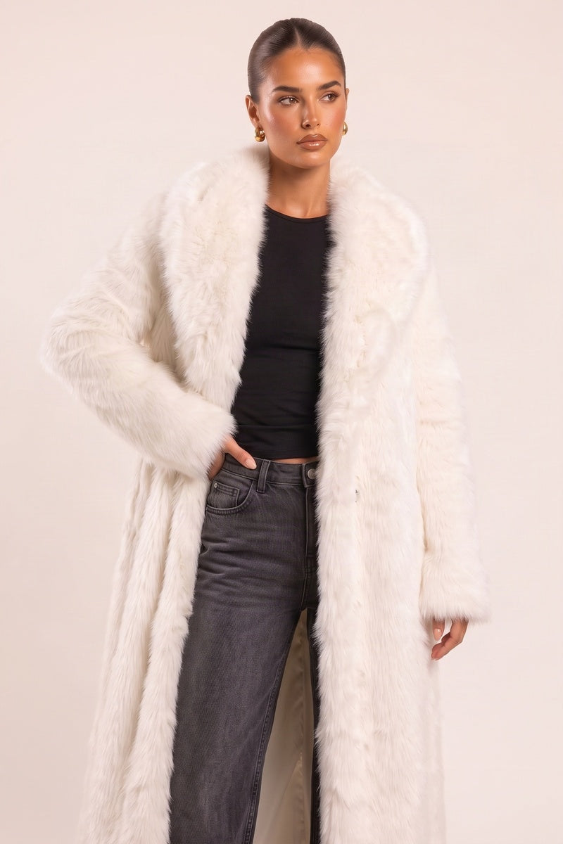 Cream Faux Fur Long Coat - Drena