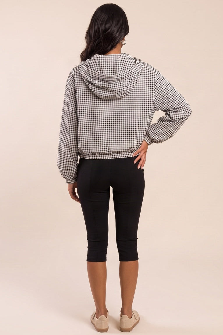 Black White Check Hooded Zip Front Bomber Jacket - Alvera